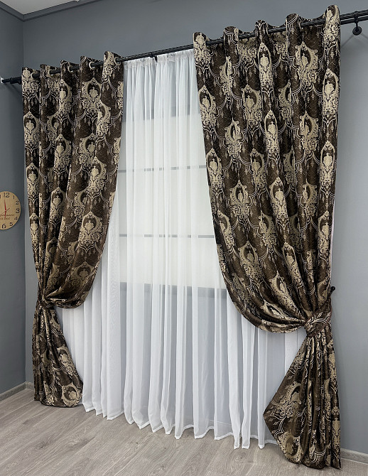 Комплект штор на люверсах VR-Textil Парча № 1774ш Венге с бежевым 155х270 см 2 шт (37-0263) Киев - изображение 3