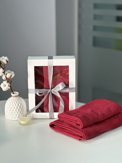 Подарочный набор полотенец Индия 50х90 см + 70х140 см, 100% хлопок Бордовий Черновцы - изображение 1