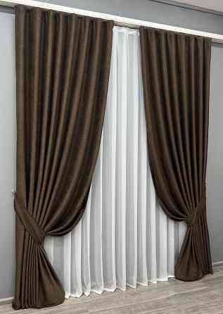 Комплект готових штор VR-Textil Льон Grand Linen № 2026ш Коричневий 150х300см 2 шт (33-1025) Київ