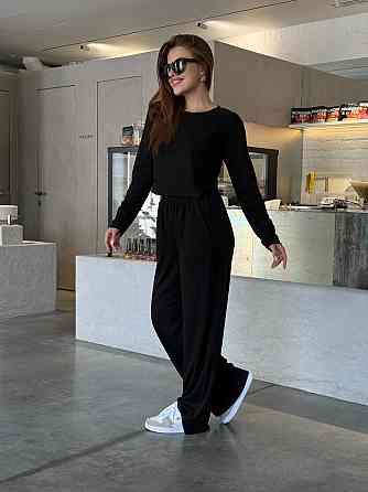 Женский костюм штаны с лонгсливом рубчик Бежевый Черный M/L Харьков
