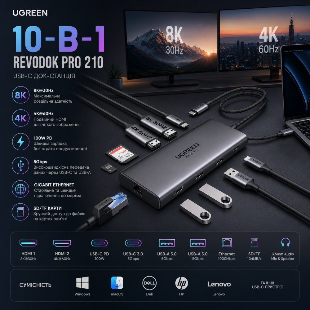 Usb Hub Док станция UGREEN Revodok Pro 210 USB-C 10-в-1, Dual HDMI 4K 60Hz, 8K, PD 100W, Ethernet Киев - изображение 1