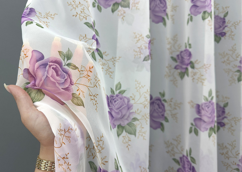Тюль шифонова з принтом колір білий з бузковим 1800т Київ - фото 2