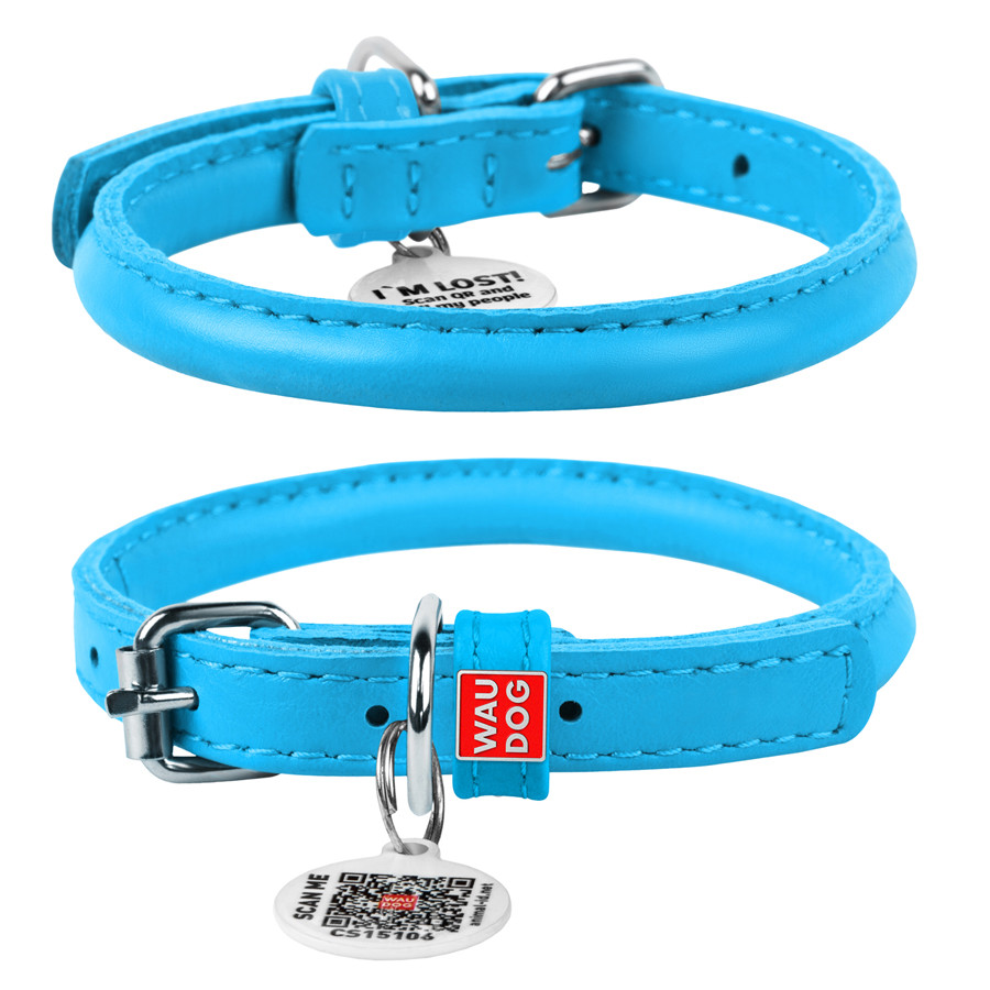 Нашийник для собак шкіряний WAUDOG Glamour з QR паспортом, круглий, Д 6 мм, Дов 17-20 см блакит Коломыя - изображение 2