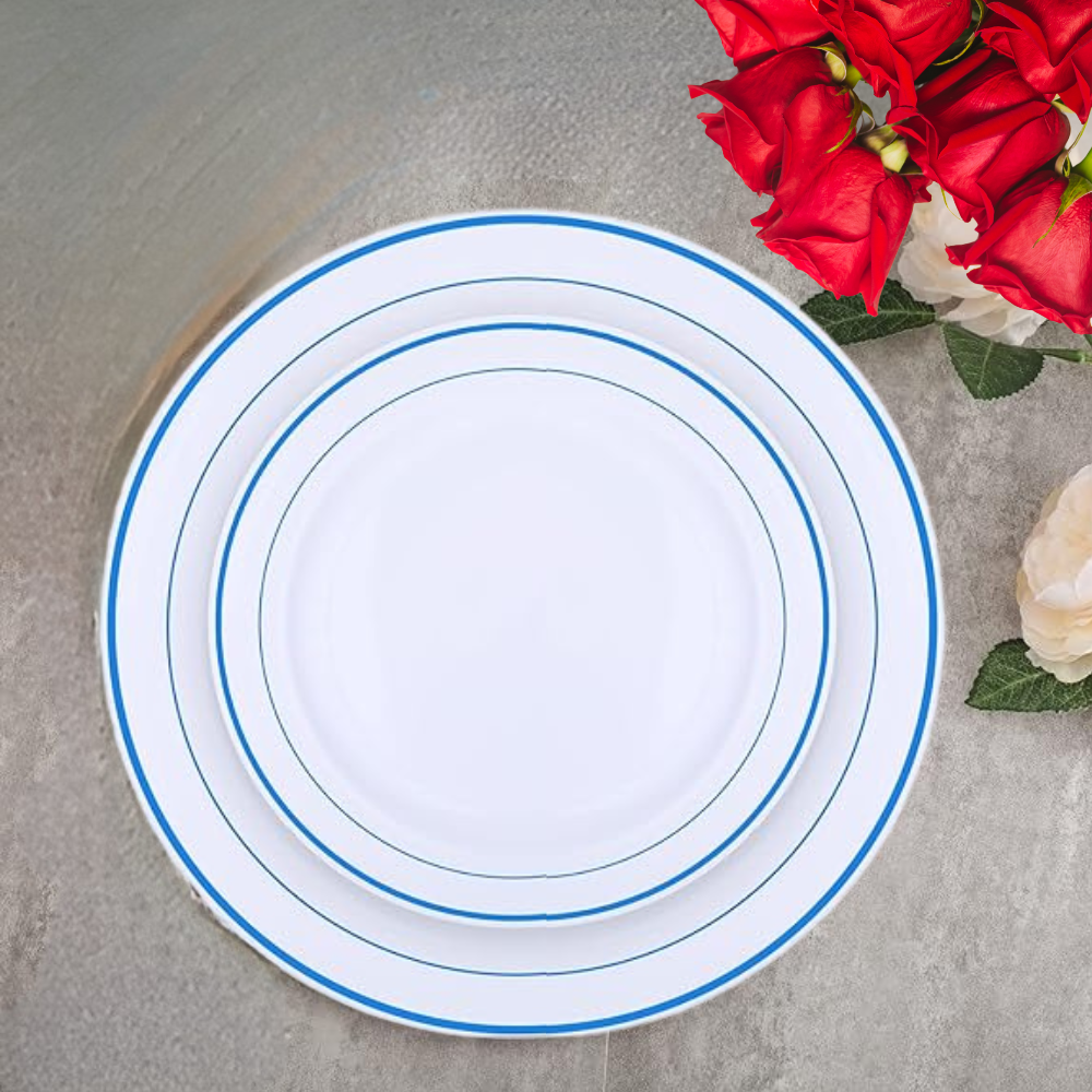 Набір тарілок пластикових круглі 12 шт, десертні 19 см і обідні 26 см, білі з синім контуром Кам'янець-Подільський - фото 2