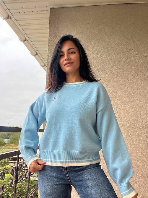 Светр жіночий A-N 6101 широкий оверсайз прикраса вензель попереду з камінням, блакитний, one size Київ - фото 1