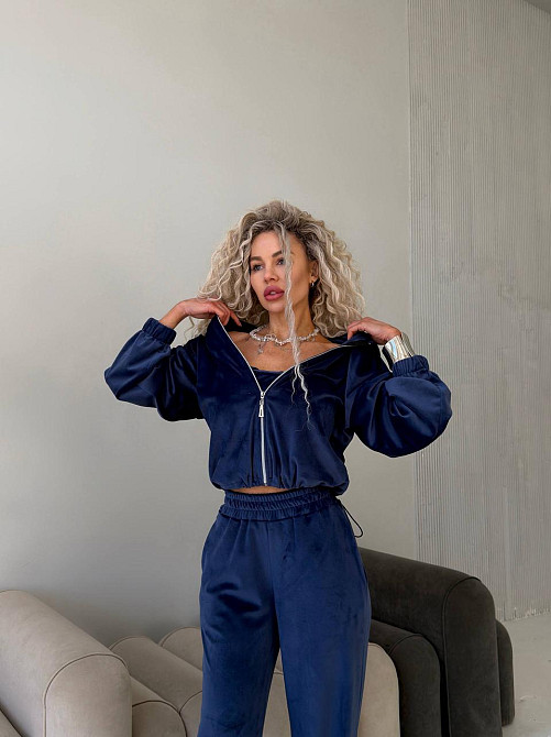 Жіночий велюровий костюм-трійка: кофта корсет і штани Синій, 42/46 Одеса - фото 1