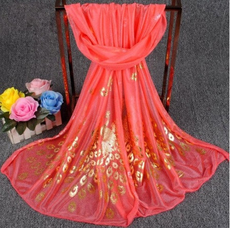 Женский коралловый шарф с Павлинами - размер шарфа 170*40см Киев - изображение 1