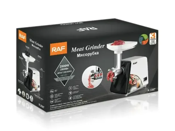 Мясорубка электрическая RAF R3367 2500Вт металлическая, реверс, насадки для фарша, колбас, овощей, черная Одесса