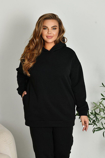 Жіночий прогулянковий костюм: худі та штани батал у спортивному стилі тринитка на флісі Чорний, 56/58 Одеса - фото 3