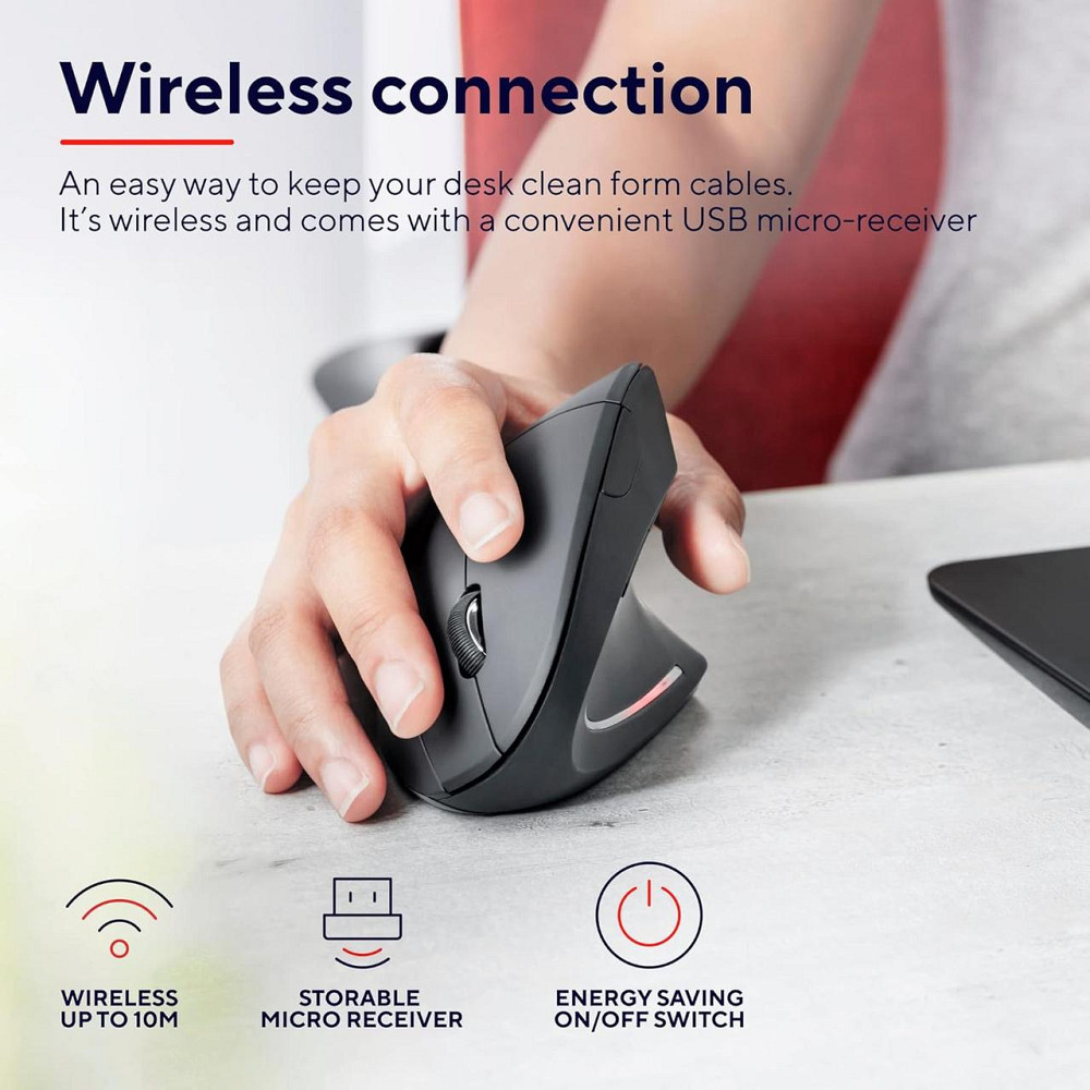 Бездротова ергономічна миша Trust Verto, вертикальна з LED підсвіткою 6 кнопок, 800–1600 DPI, USB, для ПК ноутбука чорна Київ - фото 3