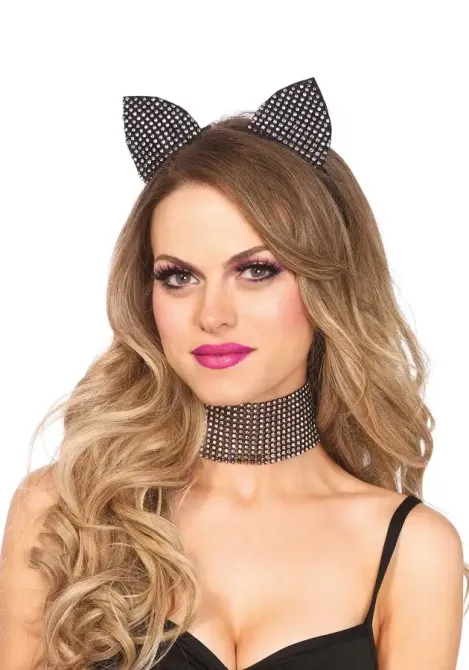 Набір кішечки зі стразами Leg Avenue Cat ear headband & choker set, широкий чокер та вушка Львів - фото 1