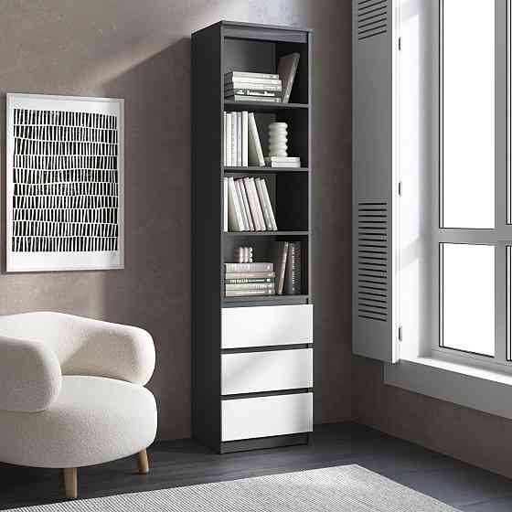 Пенал для книг VAYS R-25 Антрацит-Білий фасад, з відкритими полицями та шухлядами, без ручок, ЛДСП, 50×40×211 см - для вітальні, спальні, офісу Львів