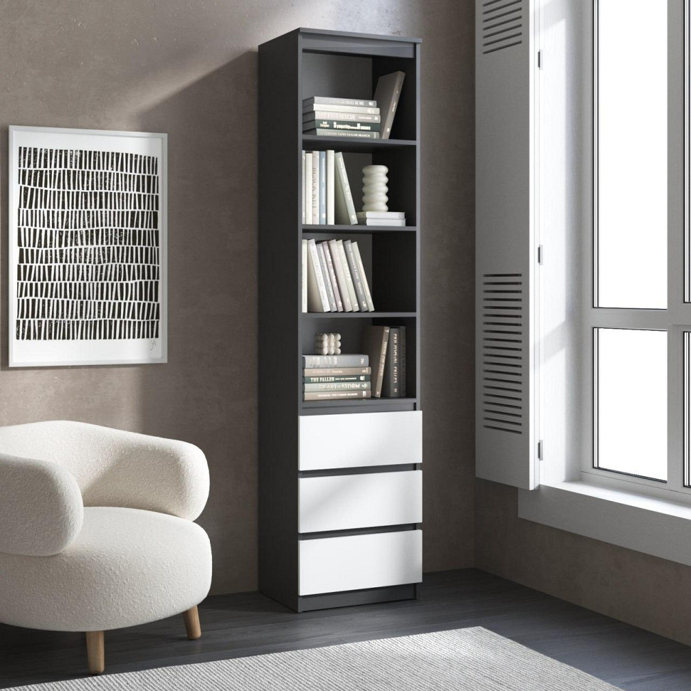 Пенал для книг VAYS R-25 Антрацит-Білий фасад, з відкритими полицями та шухлядами, без ручок, ЛДСП, 50×40×211 см - для вітальні, спальні, офісу Львів - фото 1