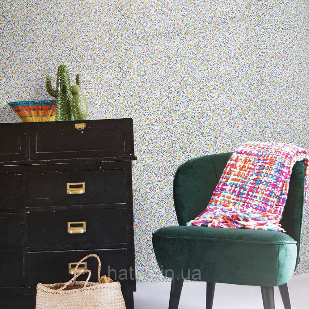 Шпалери вінілові на флізелін 0.53х10.05 Rasch Textil Petite Fleur 5 листя гілки квіти салатові червоні сині Київ - фото 1