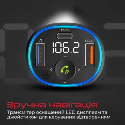 FM модулятор Promate PowerTune 38w USB-A OTG/USB-A QC3.0/USB-C PD Black (powertune-38w.black) Вінниця - фото 5