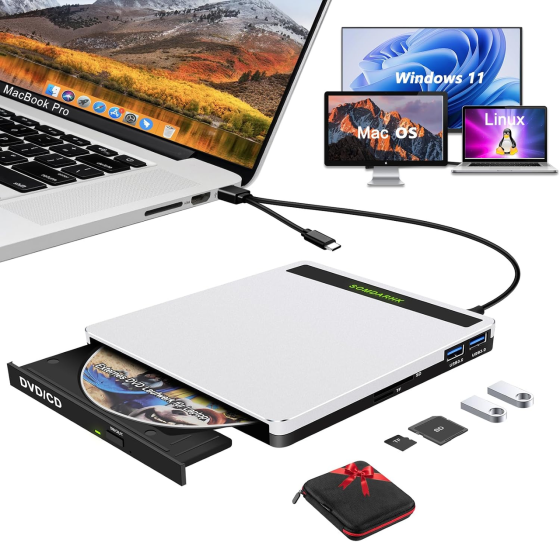 Зовнішній DVD-RW привід COMDARHC 5 в 1 USB 3.0/Type-C, CD/DVD рекордер, кардридер SD/TF, 2 USB-порти, алюмінієвий корпус, сумка Київ