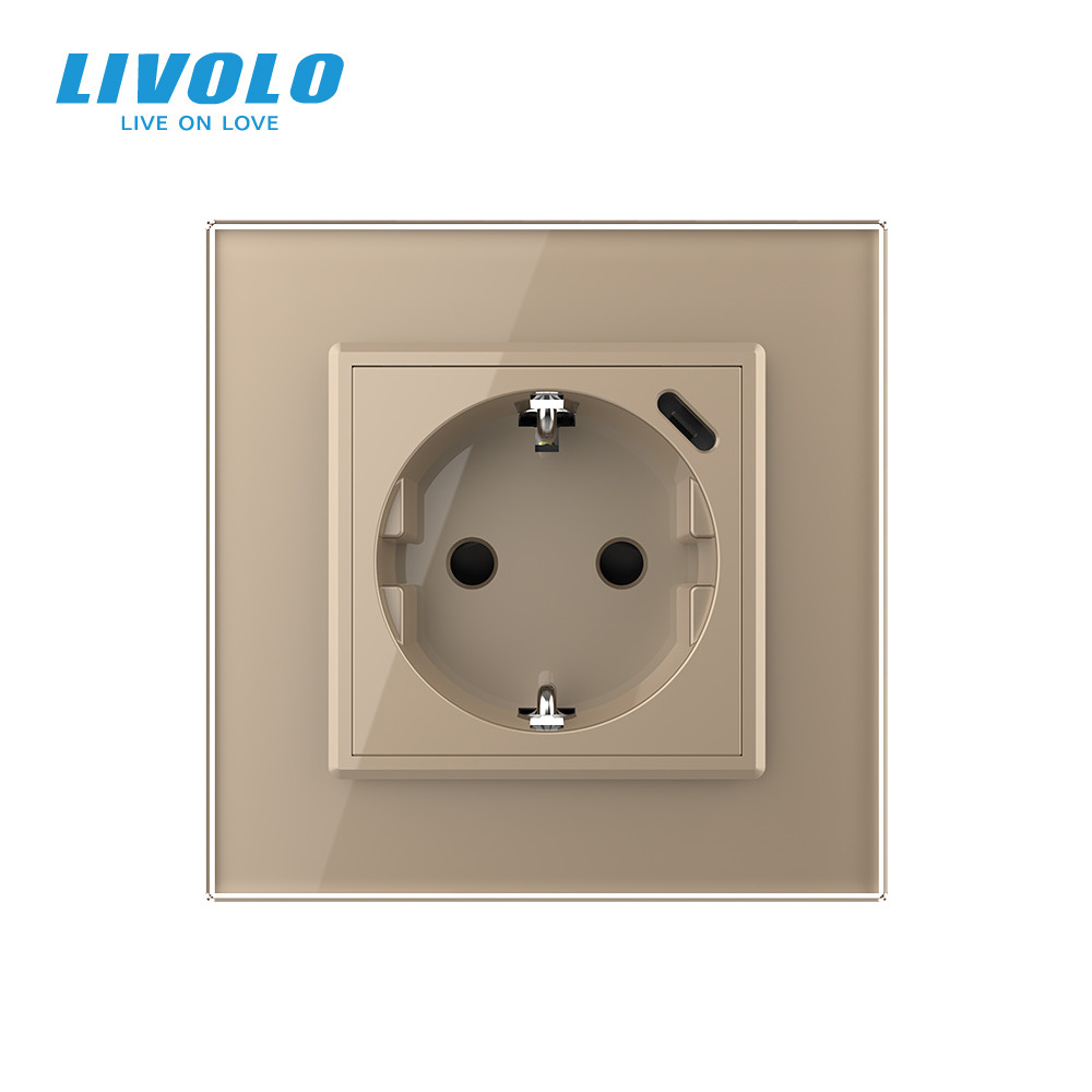 LIVOLO Електрична розетка з USB Type-C 18Вт для зарядки, з заземленням, LIVOLO, золота, скляна Коломия - фото 9