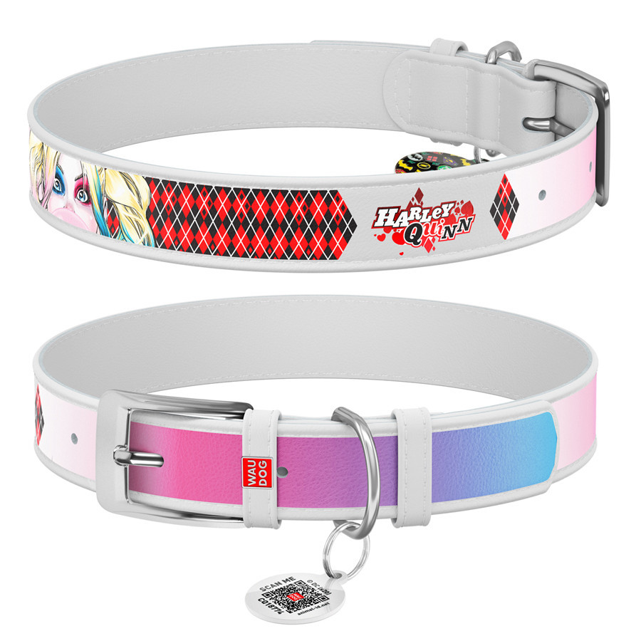 Нашийник для собак шкіряний WAUDOG Design з QR-паспортом, малюнок "Харлі Квінн", Ш 12 мм, Д 18-24 см білий Вінниця - фото 1