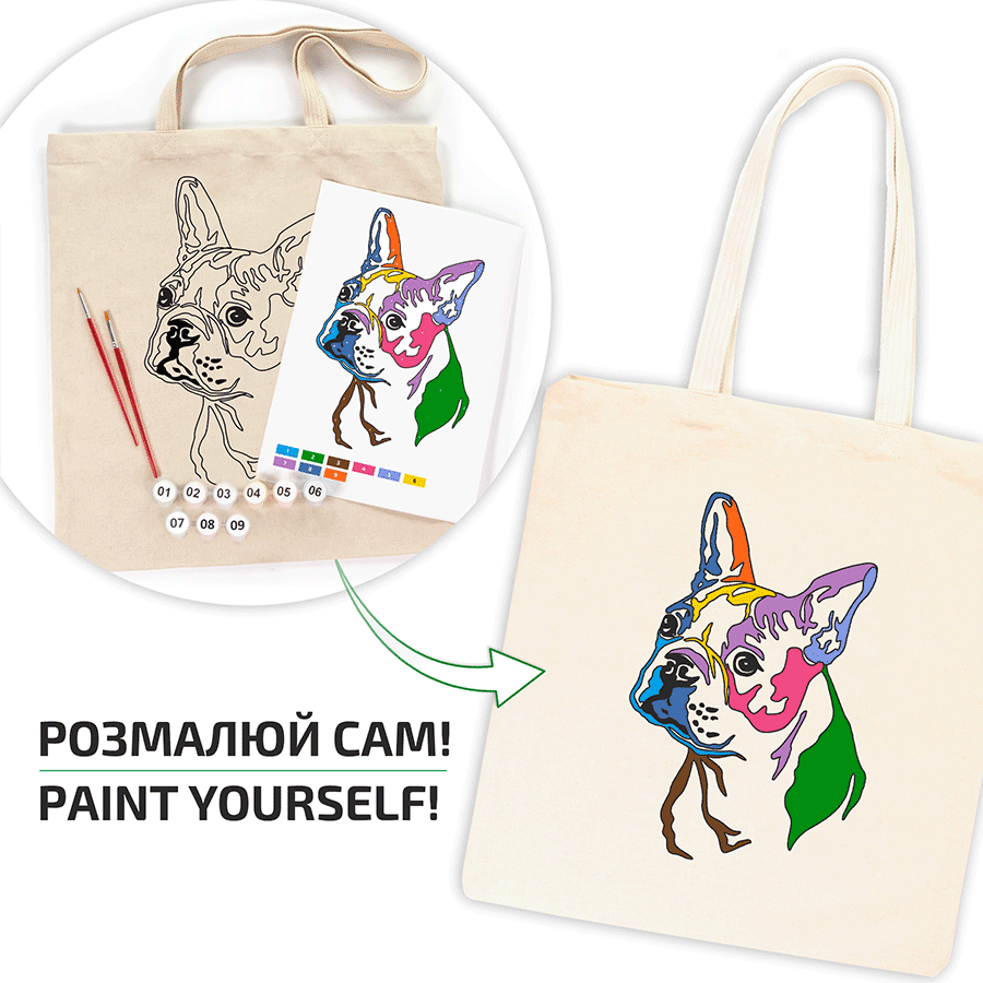 Набір екосумка-розмальовка „Яскравий мопс“ бавовна 220 г/м2 38х42см ROSA Talent Київ - фото 7
