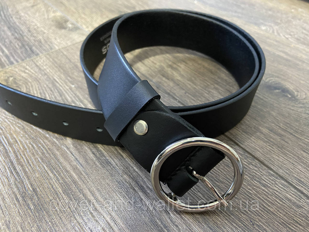 Жіночий ремінь з натуральної шкіри з круглою пряжкою чорного кольору 35мм PS Leather Київ - фото 6