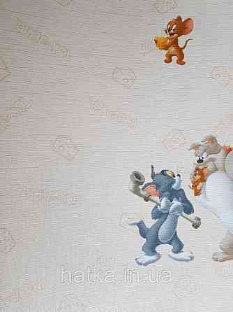 Шпалери вінілові на флізеліні AdaWall Ada Kids метрові дитячі Том і Джеррі сюжети написи на світло-бежевому Київ