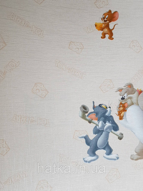 Шпалери вінілові на флізеліні AdaWall Ada Kids метрові дитячі Том і Джеррі сюжети написи на світло-бежевому Київ - фото 3
