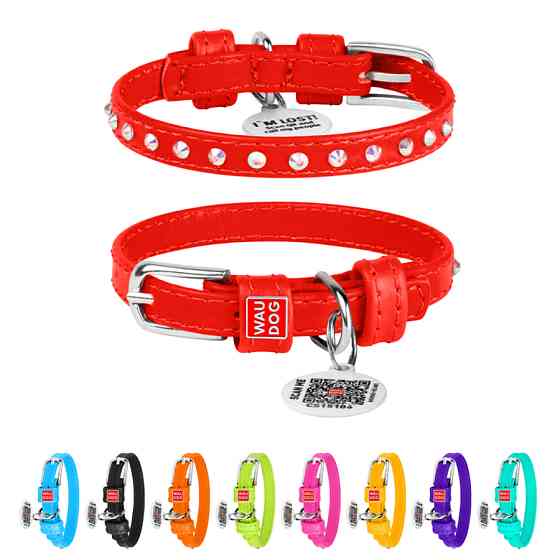 Нашийник для собак шкіряний WAUDOG Glamour з QR паспортом, з клейовими стразами, Ш 9 мм, Дов 19 Коломия