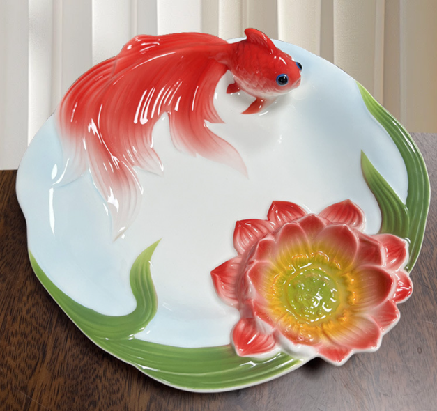 Тарелка обеденная Золотая рыбка китайский лепной костяной фарфор 23 см соусник Лотос Кременчуг - изображение 1