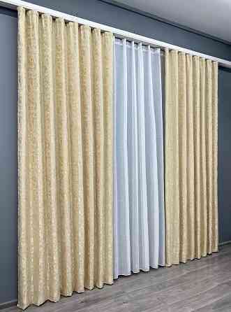 Комплект штор VR-Textil Льон Мармур 200х270 2шт і Тюль 600х270 1909ш-115т Кремовий з білим 71-129/7 Київ