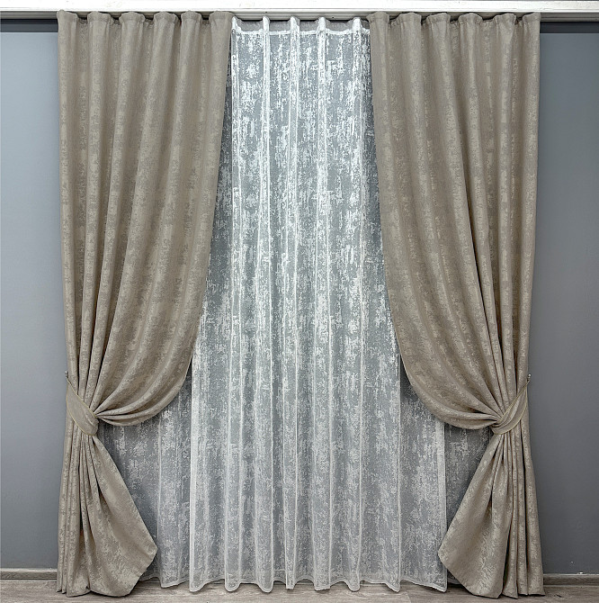 Комплект штор VR-Textil Жаккард Мрамор 150х270 2шт и Тюль 400х270 1143ш-1400т Капучино с белым 71-004/3 Киев - изображение 1