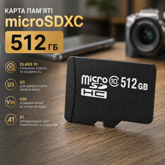 Карта пам'яті microSDXC 512 ГБ Class 10 U3 V30 A1 універсальна флешка для смартфонів камер та відеореєстраторів Київ