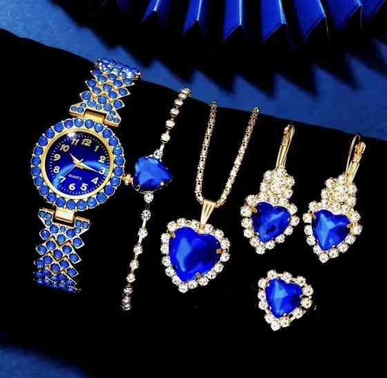 Подарочный набор для женщин Сердце наручные часы кольцо ожерелье браслет и серьги синий Киев