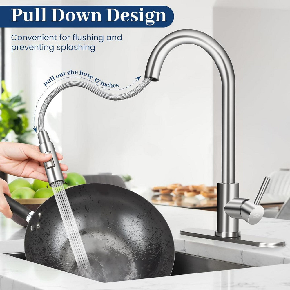 Смеситель для кухни с выдвижным шлангом и распылителем, сталь, вращение 360°, кухонный смеситель для раковины Киев - изображение 3