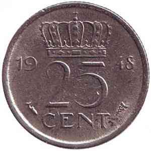 Монета 25 центов. 1948 год, Нидерланды. Полтава