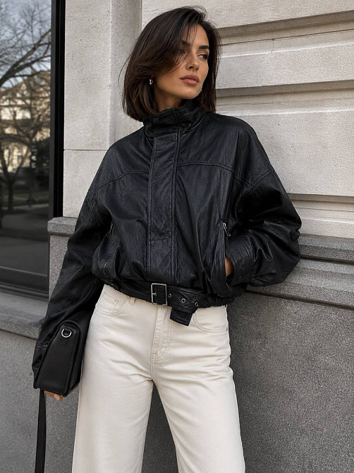 Куртка женская Lady Yep 30505 из экокожи оверсайз бомбер со скрытым ремнем черная, черный, S Киев - изображение 7
