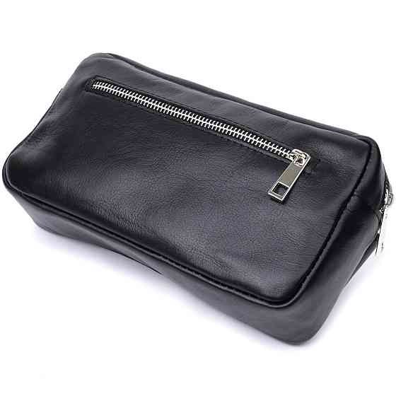 Прямокутна сумка-бананка для чоловіків із натуральної глянсової шкіри Shvigel 22825 Чорна Київ