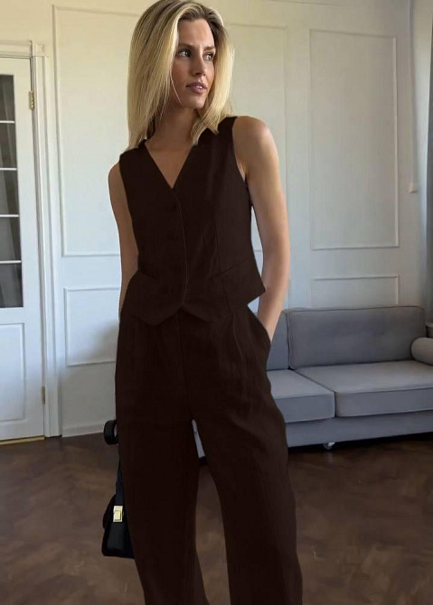 Женский стильный летний костюм двойка лён Шоколад, 42/44 Одесса - изображение 2