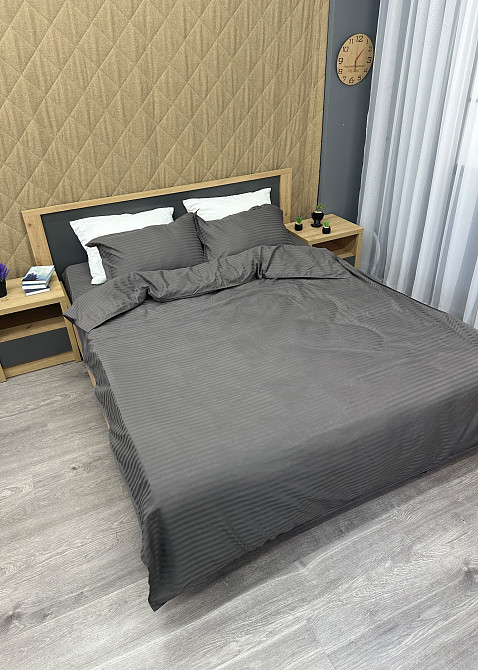 Комплект постельного белья Страйп-сатин Евро 200х230 с простыней на резинке Графитовый (88-097) Киев - изображение 4