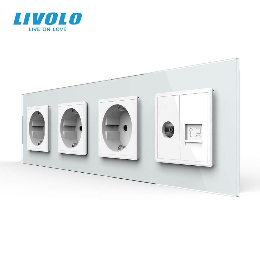 LIVOLO Розетка чотиримісна комбінована Силова Інтернет ТБ Livolo білий скло (VL-C7C3EU1C1V-11) Коломия - фото 1