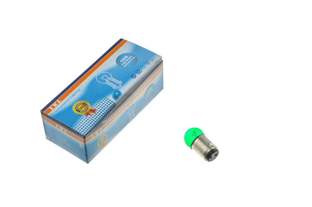 Лампа S25 (двоконтактна) 12V 10W/5W (стоп, габарит) (зелена) YWL Київ - фото 1