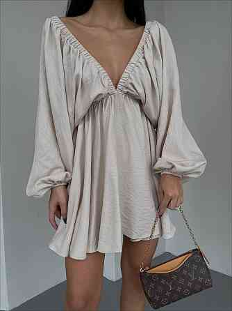 Женское легкое мини платье свободного кроя креп жатка Беж Одесса