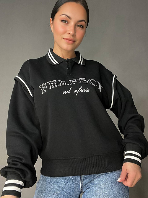 Свитшот женский A-N 25067 поло с воротничком пуговицы оверсайз с надписью вышивкой PERFECT one size, черный, one size Киев - изображение 5
