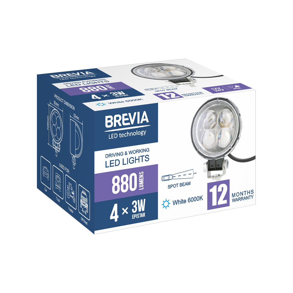 Фара светодиодная Brevia Epistar 4D Spot 10-30V, 12W (4x3W), 880Lm, 1шт (10602RLX1) Львов - изображение 7