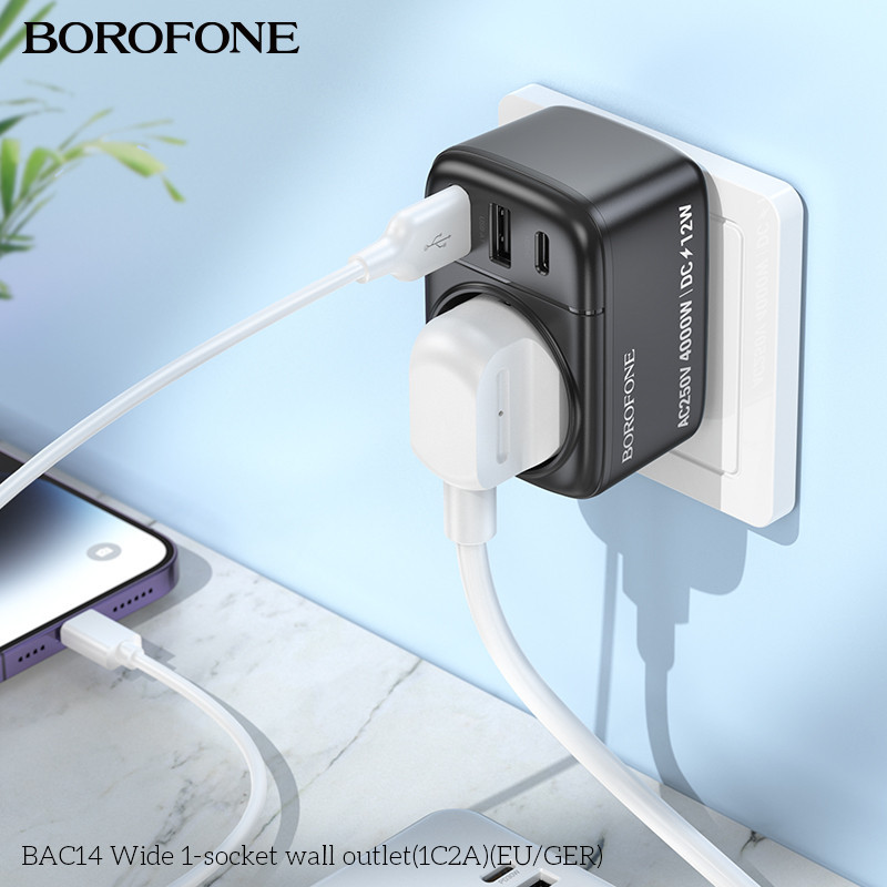 Сетевой фильтр BOROFONE BAC14 Wide 1-socket wall outlet (1C2A) (EU/GER) Black Одесса - изображение 8