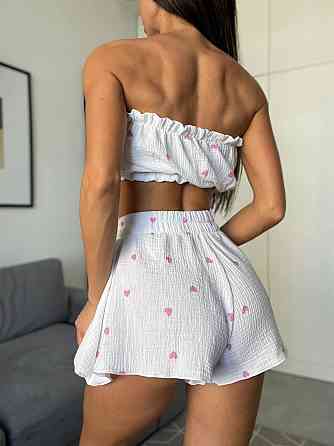 Женский нежный домашний костюм тройка: халат топ и шорты с сердечками муслин 100% хлопок Одесса