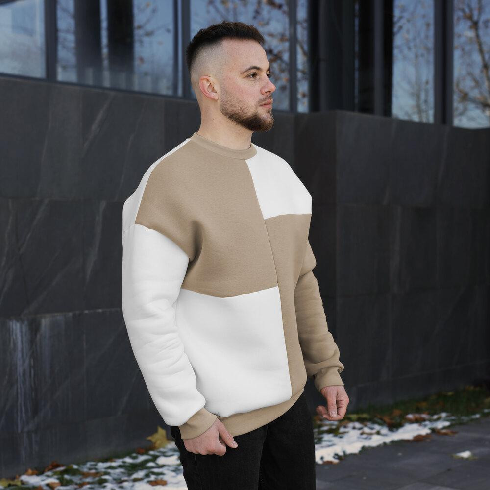 Мужской двухцветный стильный свитшот Pobedov The One. Свитшот оверсайт осенне-зимний молочно-песочный Киев - изображение 3
