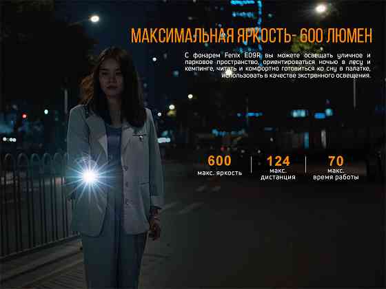 Ручной мини фонарик Fenix E09R 600лм Type-C (Черный) Винница