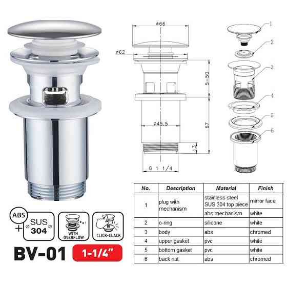 Донний клапан для раковини Zerix BV-01 1 1/4'' з переливом автоматичний СLICK-СLACK  (Z ( 14104 ) Харків