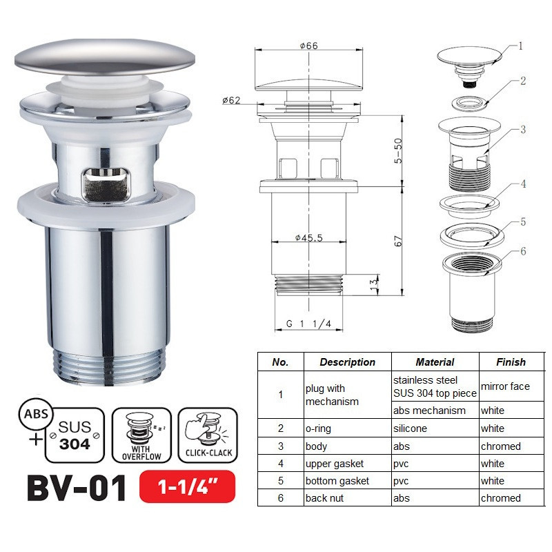 Донний клапан для раковини Zerix BV-01 1 1/4'' з переливом автоматичний СLICK-СLACK  (Z ( 14104 ) Харьков - изображение 2