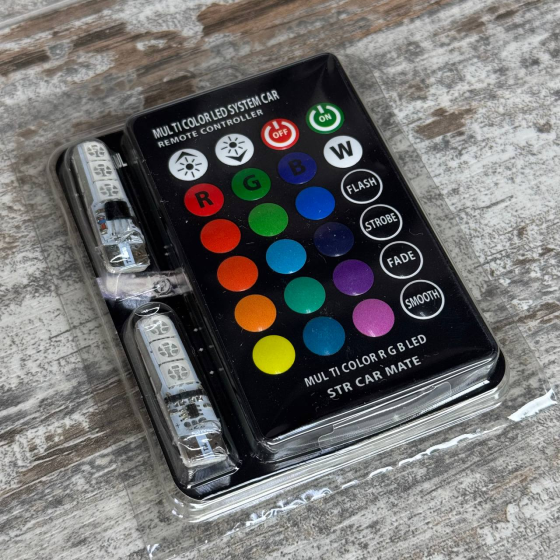 LED T10 W5W лампи 2шт, 6 SMD 5050, 16 кольорів, з пультом ДУ, авто, габарити, салон Київ